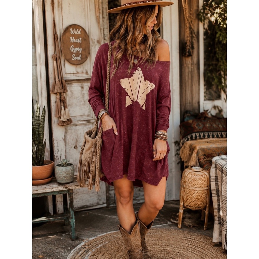 Vintage Canvas Burgundy Boho Star Graphic T-Shirt Dress Long Sleeve Large